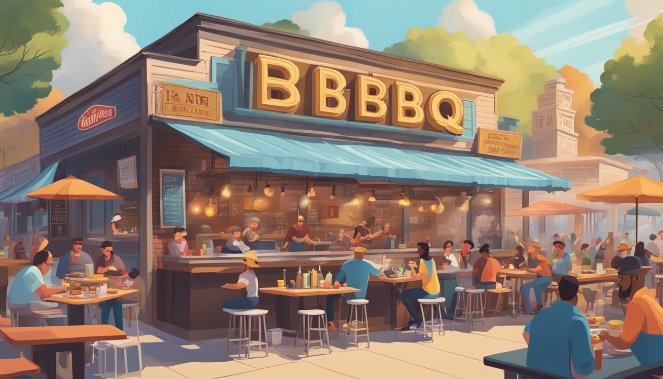 A colorful, bustling BBQ joint with quirky decor, smoke billowing from the pit, and patrons enjoying their meals at picnic tables