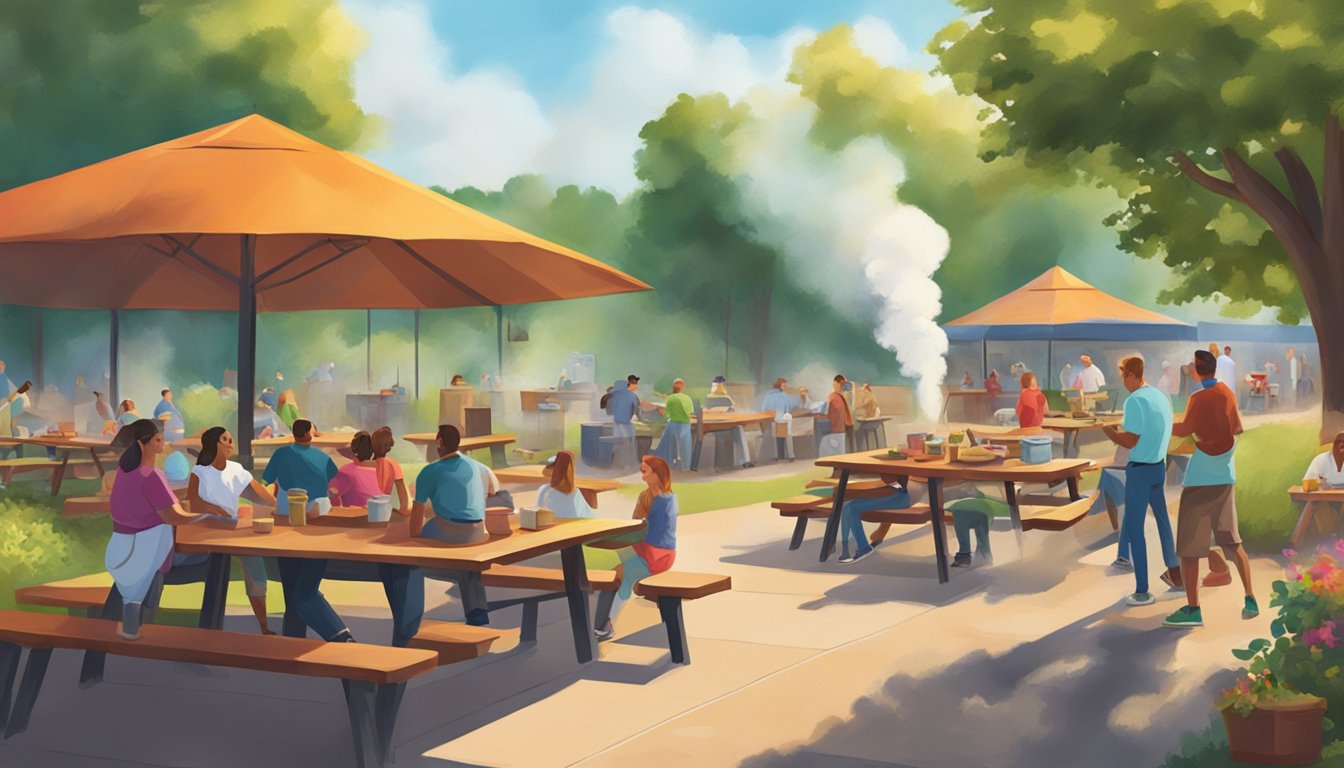 A colorful outdoor scene at Stiles Switch BBQ with smoke billowing from the pit, picnic tables, and a lively atmosphere