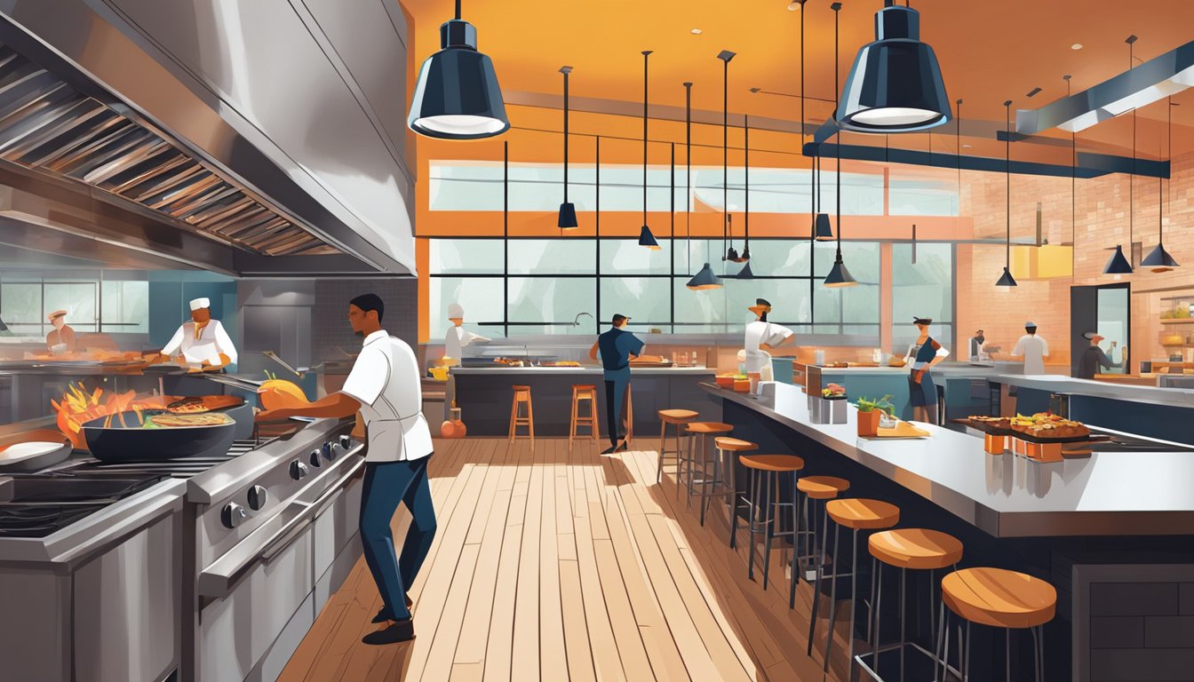 A modern barbecue joint with a sleek, industrial interior. Open kitchen with chefs working over wood-fired grills. Bold, colorful branding throughout the space