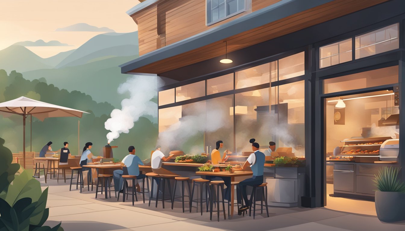 A bustling barbecue joint with a modern, sustainable design. Outdoor seating and a smoker billowing fragrant smoke. Quality ingredients on display