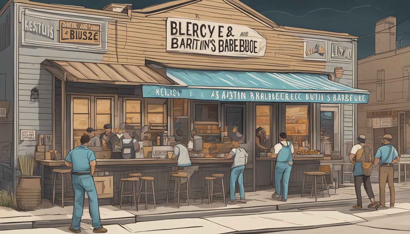 A bustling barbecue joint with a line out the door, smoke billowing from the pit, and a sign reading "Leroy and Lewis: Rewriting Austin's Barbecue Rulebook."