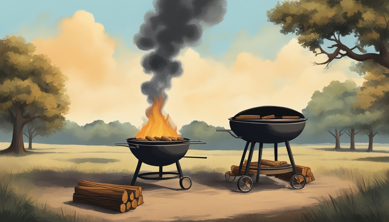 A rustic barbecue pit surrounded by oak trees, with smoke billowing up into the Texas sky