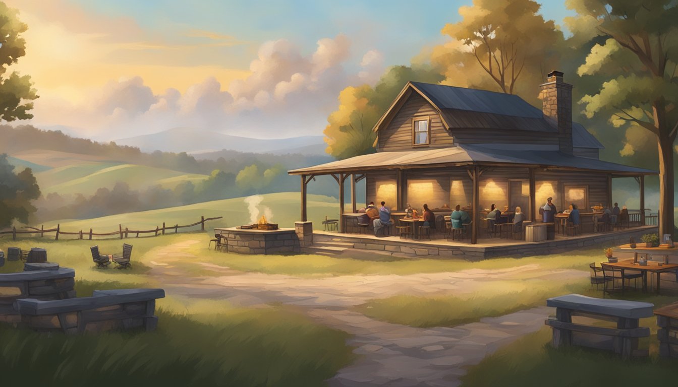 Rolling hills overlook a rustic BBQ joint nestled in the countryside. Smoke billows from the pit as diners enjoy the scenic view