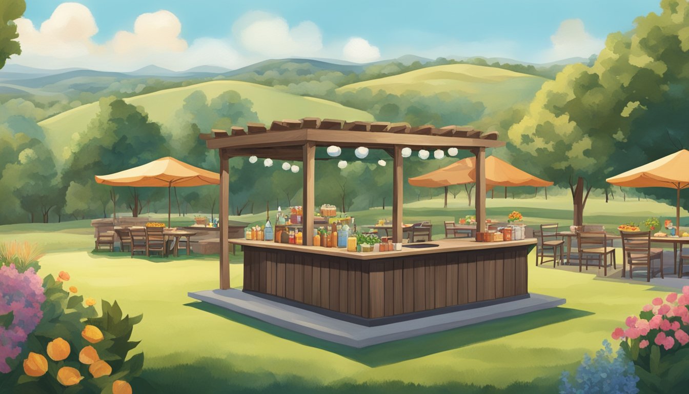 Rolling hills meet a rustic BBQ joint with outdoor seating, surrounded by lush greenery and a clear blue sky. Smoke rises from the grill, and a tempting array of desserts adorns the tables