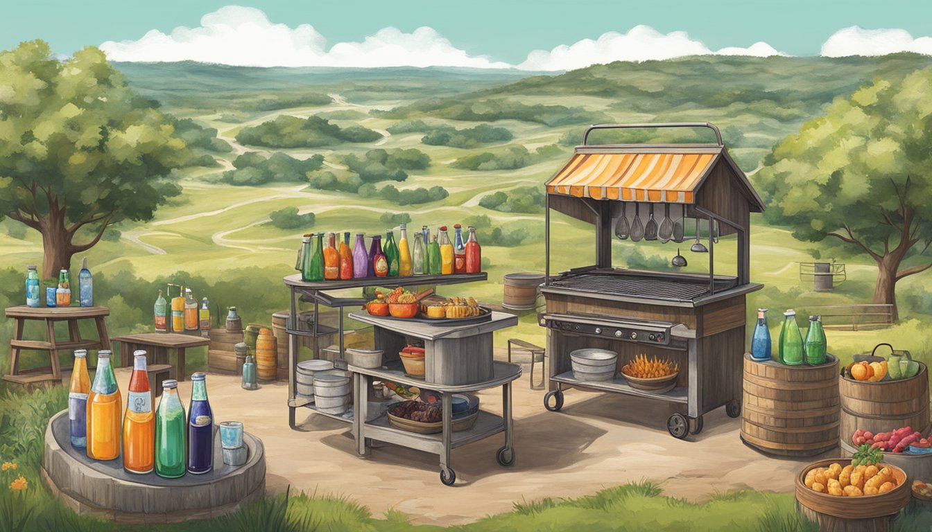 Rolling hills, a rustic BBQ pit, and a colorful array of refreshing beverages set against the backdrop of Austin's outskirts