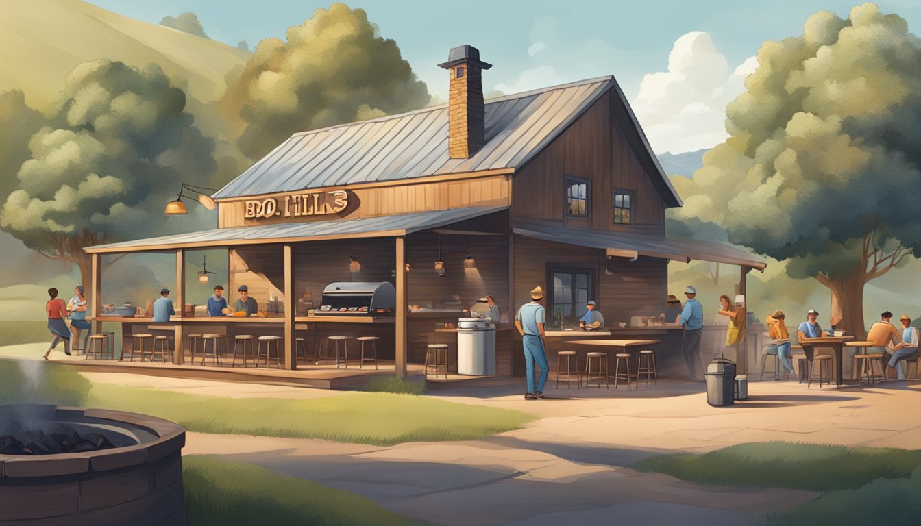 Rolling hills surround a rustic BBQ joint with outdoor seating. Smoke drifts from a pit as patrons enjoy tender, juicy meats