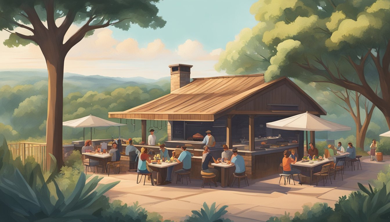 Rolling hills, lush greenery, and a rustic BBQ joint nestled on the outskirts of Austin. Smoke rises from the outdoor pit, and diners enjoy the scenic views while savoring succulent meats