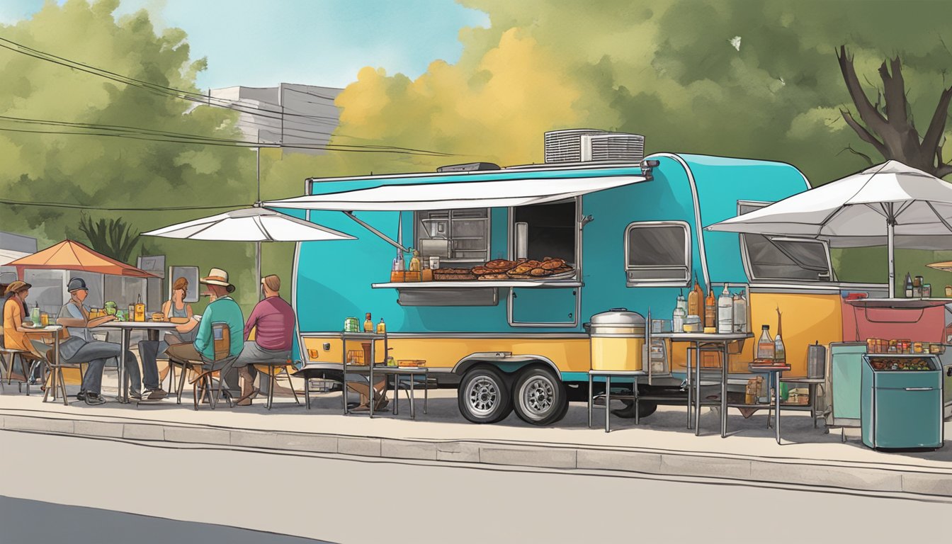 A small trailer with a large barbecue smoker parked in a bustling Austin food scene