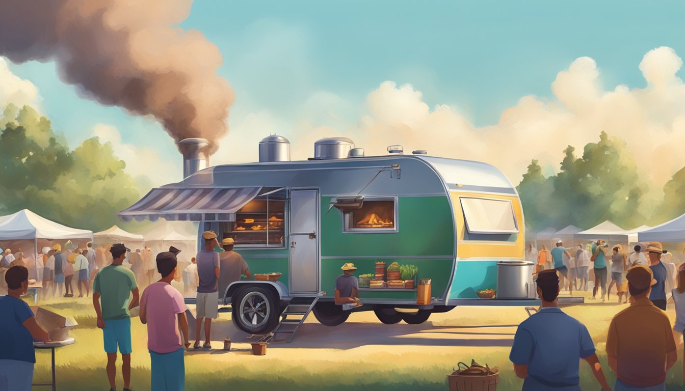 A small trailer surrounded by a bustling crowd, smoke billowing from a large barbecue pit, and the scent of sizzling meat filling the air