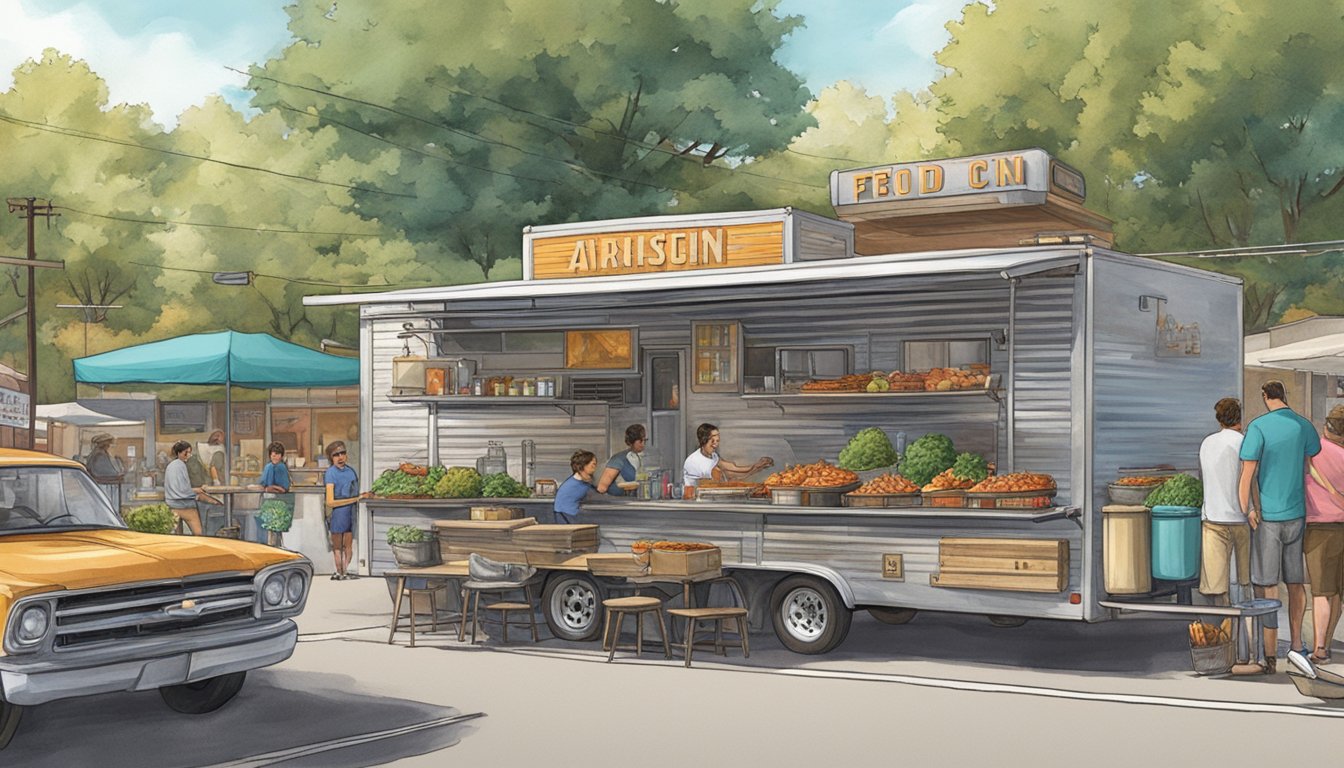 A small trailer with a large barbecue pit, surrounded by a bustling community in Austin's food scene