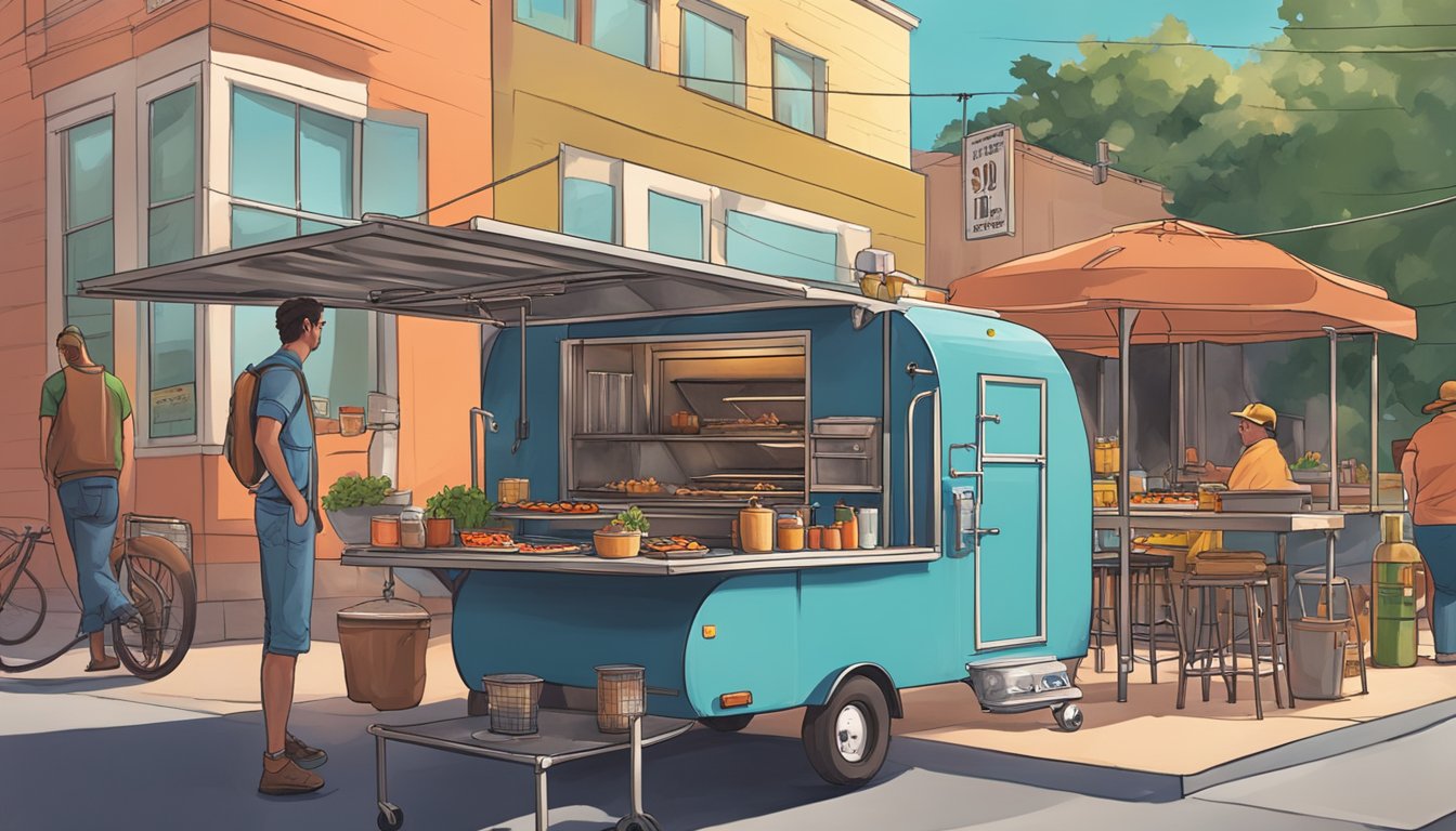 A small trailer with a big barbecue pit, surrounded by a bustling food scene in Austin. The scene exudes a sense of change and anticipation for the future