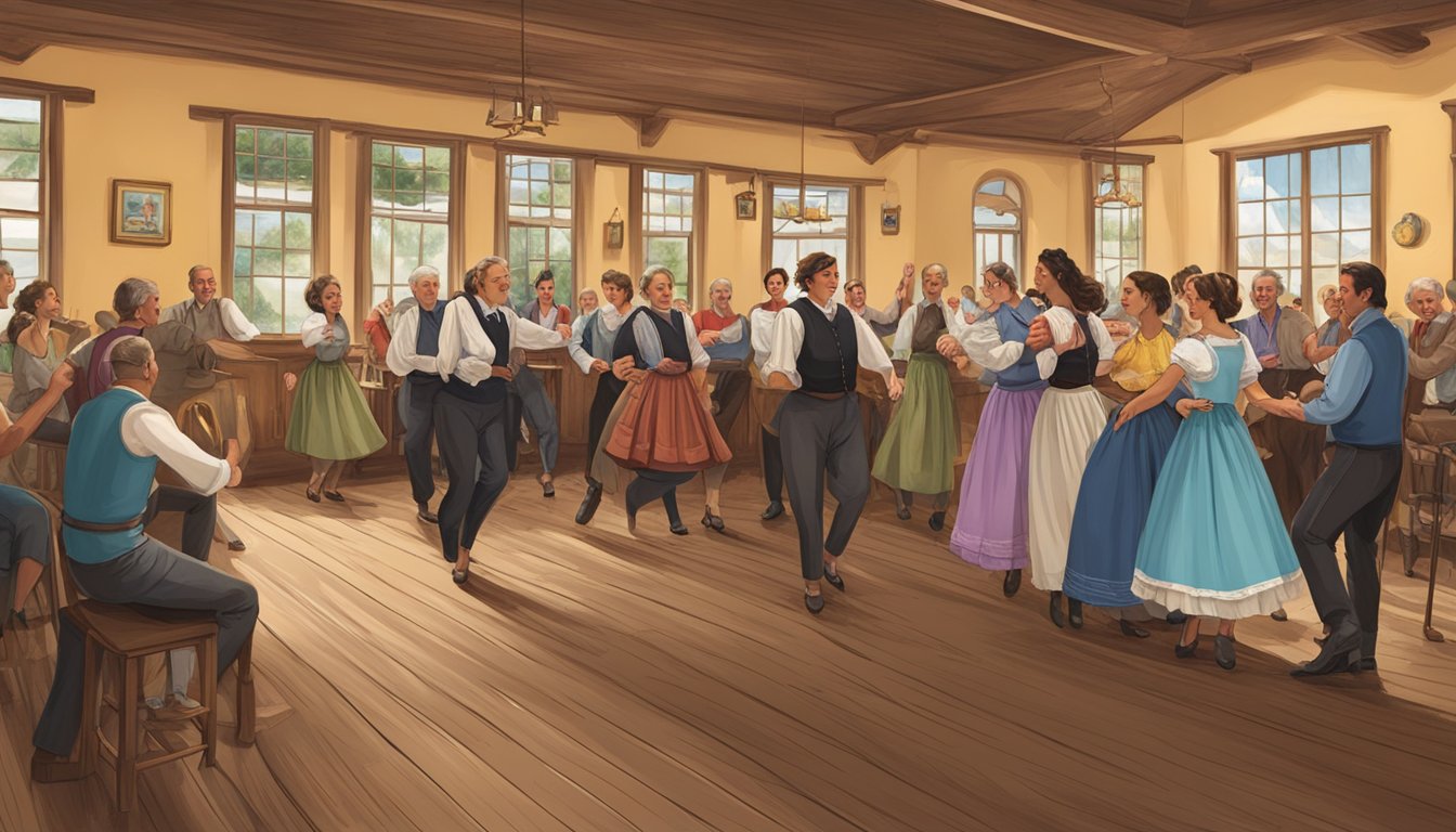 A group of people gather in a traditional German social club in Texas, engaging in cultural activities and preserving their heritage through music, dance, and traditional dress