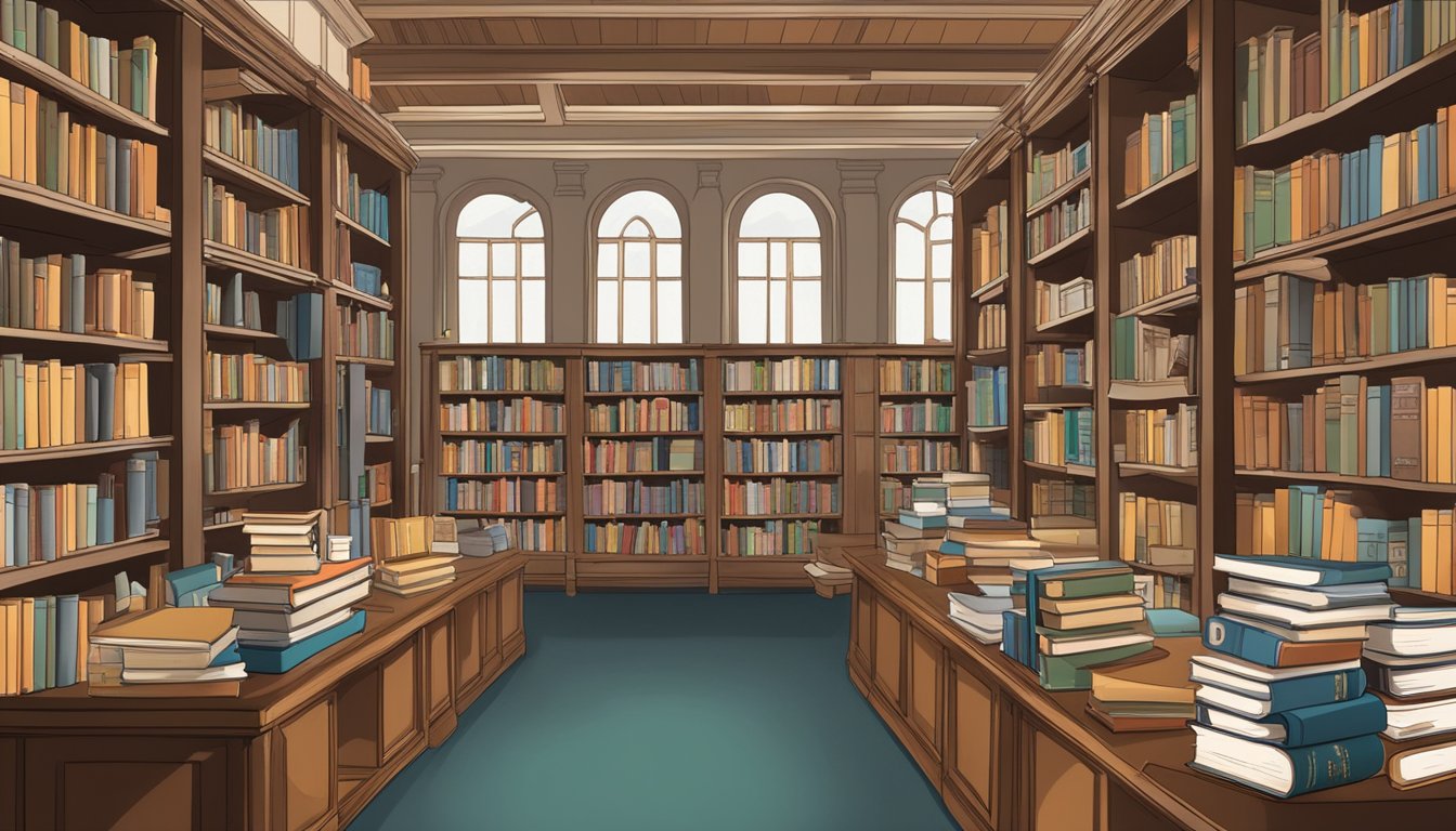 A library with shelves of books on German Texan writers and poets, surrounded by research materials and educational resources