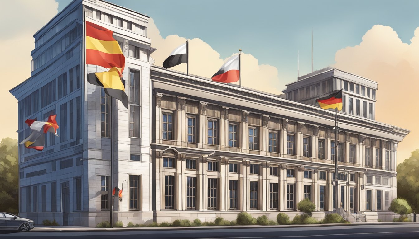 A traditional German-Texan club building with a modern skyscraper in the background. The building is adorned with German flags and traditional architectural elements