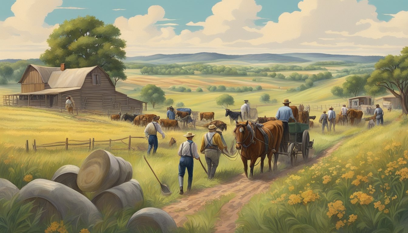 A group of German immigrants clearing land and building homesteads in the rolling hills of Texas, surrounded by fields and cattle