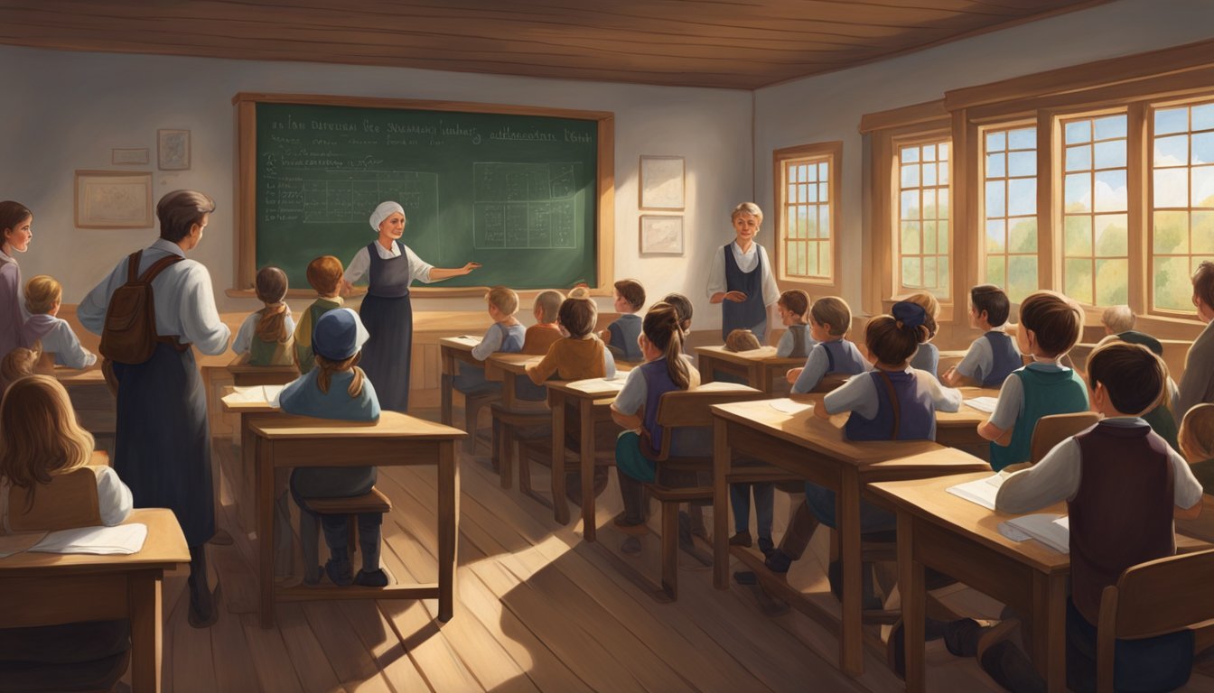 A group of German immigrants teaching in a one-room schoolhouse, with students of various ages learning together. The teacher uses a chalkboard to instruct the class