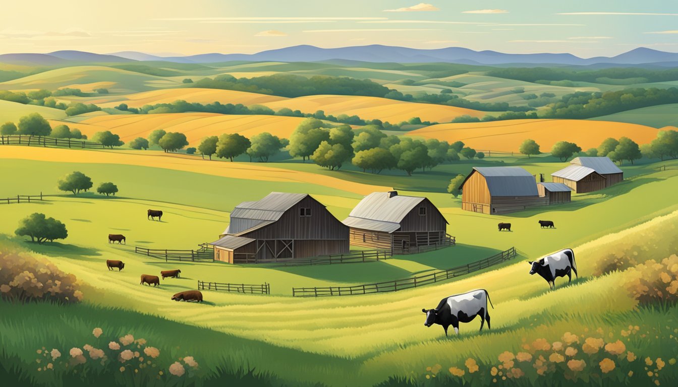 Rolling hills of Texas ranchland with grazing cattle, fields of crops, and traditional German-style barns