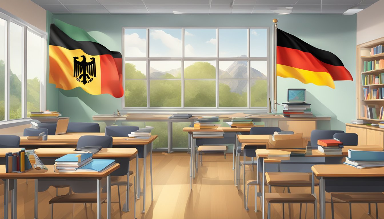 A classroom setting with German and Texan flags, books, and scientific instruments, symbolizing the fusion of German and Texan influences in higher education and research