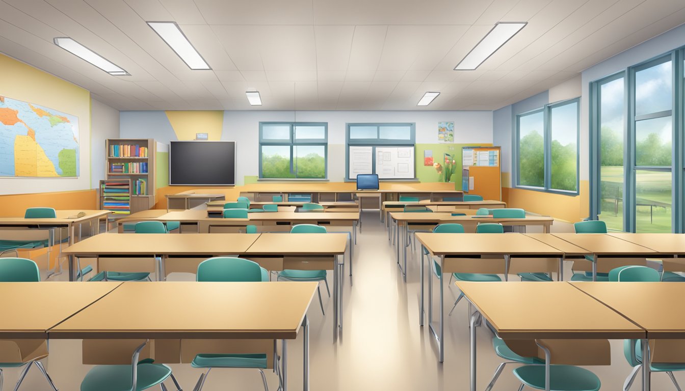 A modern classroom in Texas, with German cultural elements incorporated into the educational materials and decor