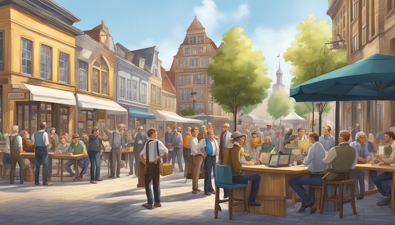 A group of German Texan inventors and entrepreneurs gather in a bustling town square, discussing their latest innovations and business ventures