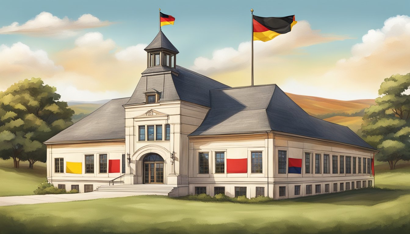 A traditional German-style school building nestled among rolling Texas hills, with a mix of German and Texan flags flying proudly in the breeze