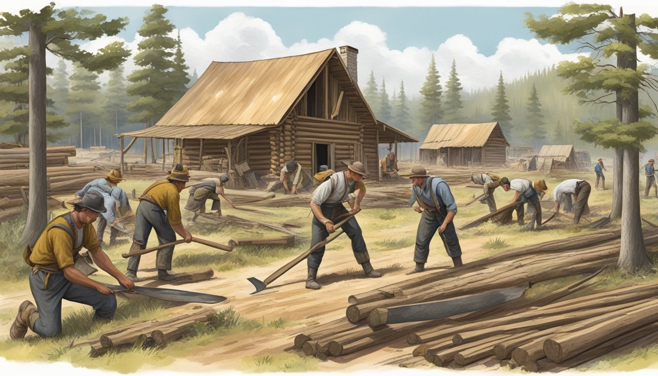 German Texan pioneers clearing land for farming with axes and saws, while log cabins are being built in the background