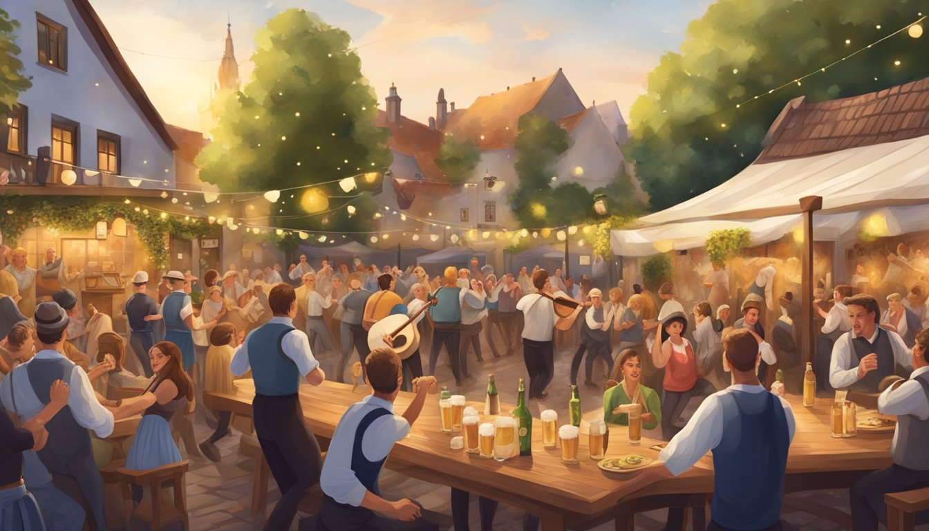 A lively beer garden with a traditional German band playing folk music, surrounded by people dancing and enjoying the festive atmosphere