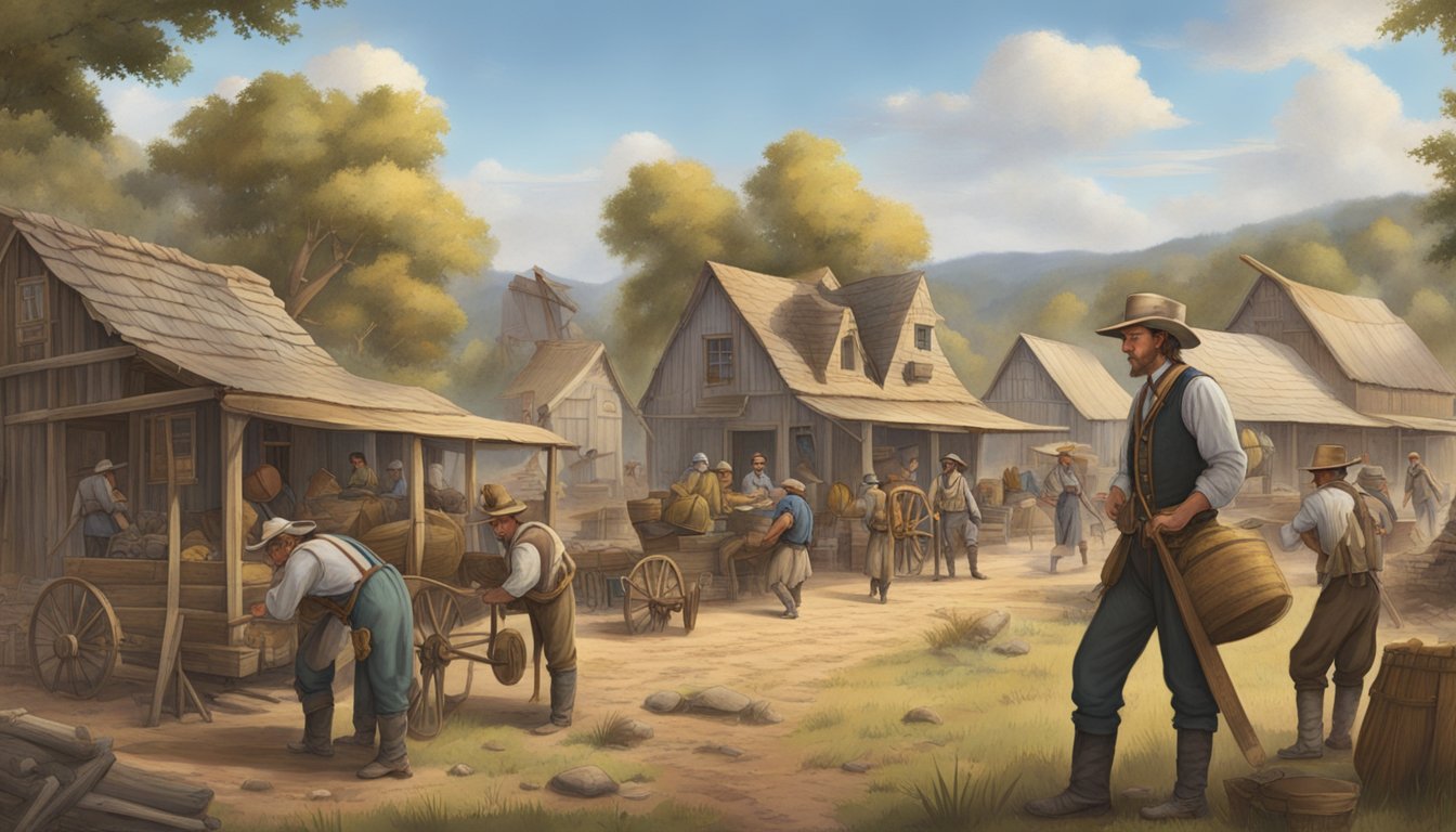 German Texan pioneers building homes, farming, and trading goods in a bustling frontier town