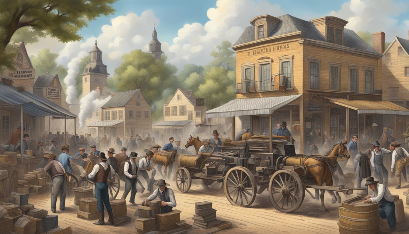 A bustling 19th-century Texas town with a printing press churning out German language newspapers, surrounded by a diverse community