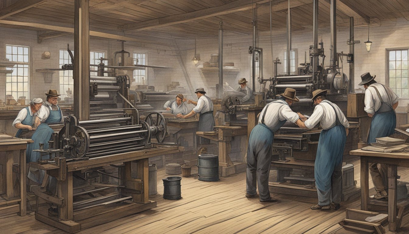 A bustling printing press operates in a 19th century Texas town, churning out German language newspapers. The editor and staff work diligently to produce the latest issue