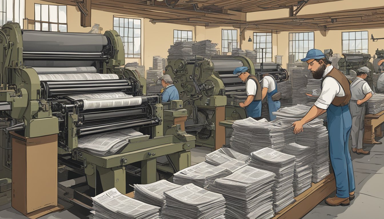 A bustling printing press in a Texas town, with stacks of German-language newspapers ready for distribution. The diverse readership reflects the cultural significance of preserving language and heritage