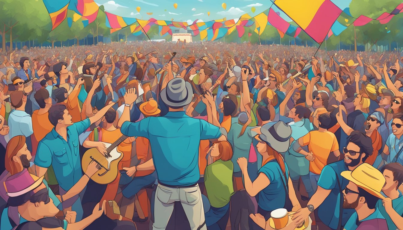 A lively outdoor music festival in Texas features contemporary German bands performing on stage, surrounded by enthusiastic crowds and colorful banners