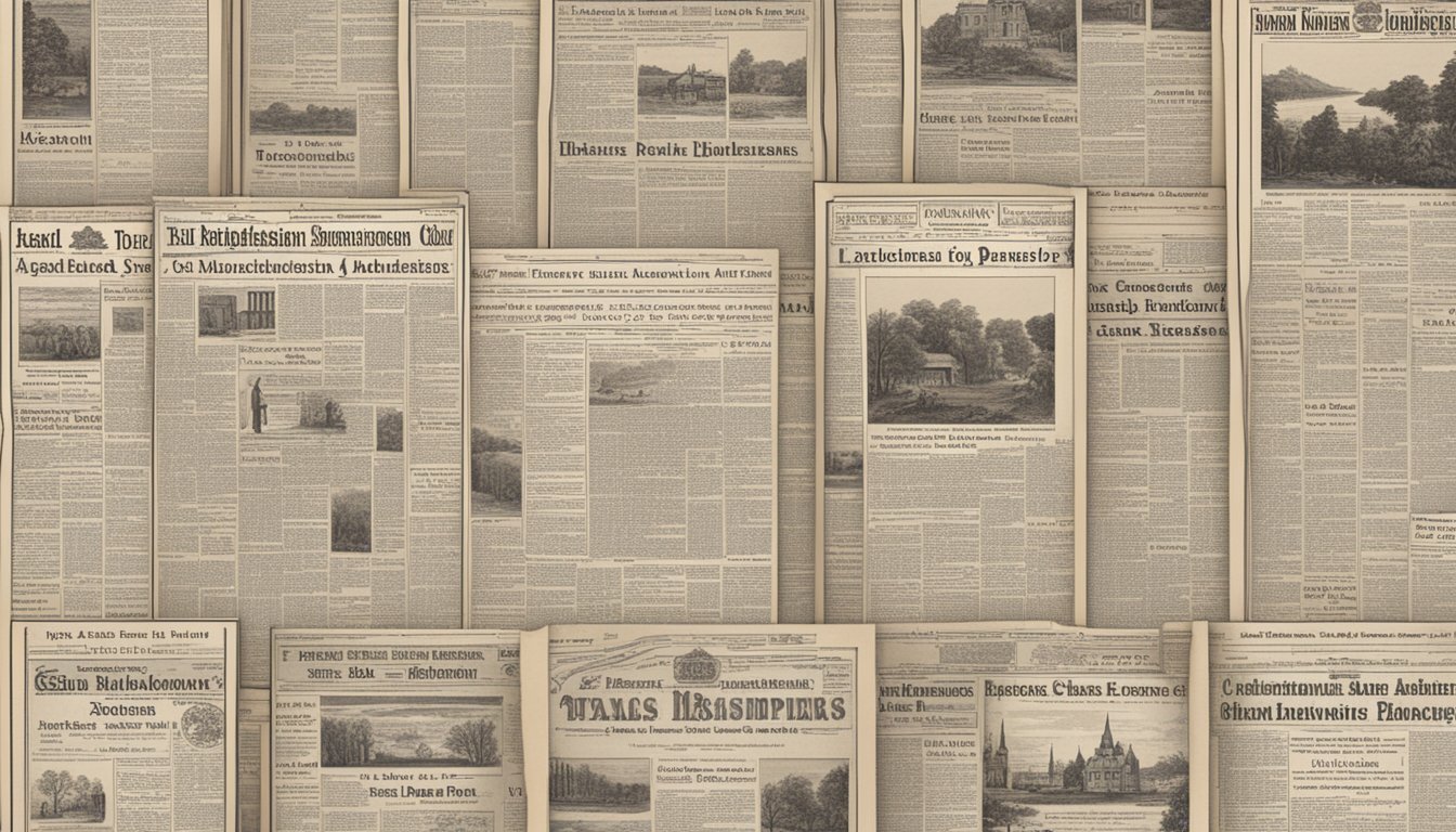 A collection of vintage German language newspapers from Texas, carefully preserved and displayed in a historical archive