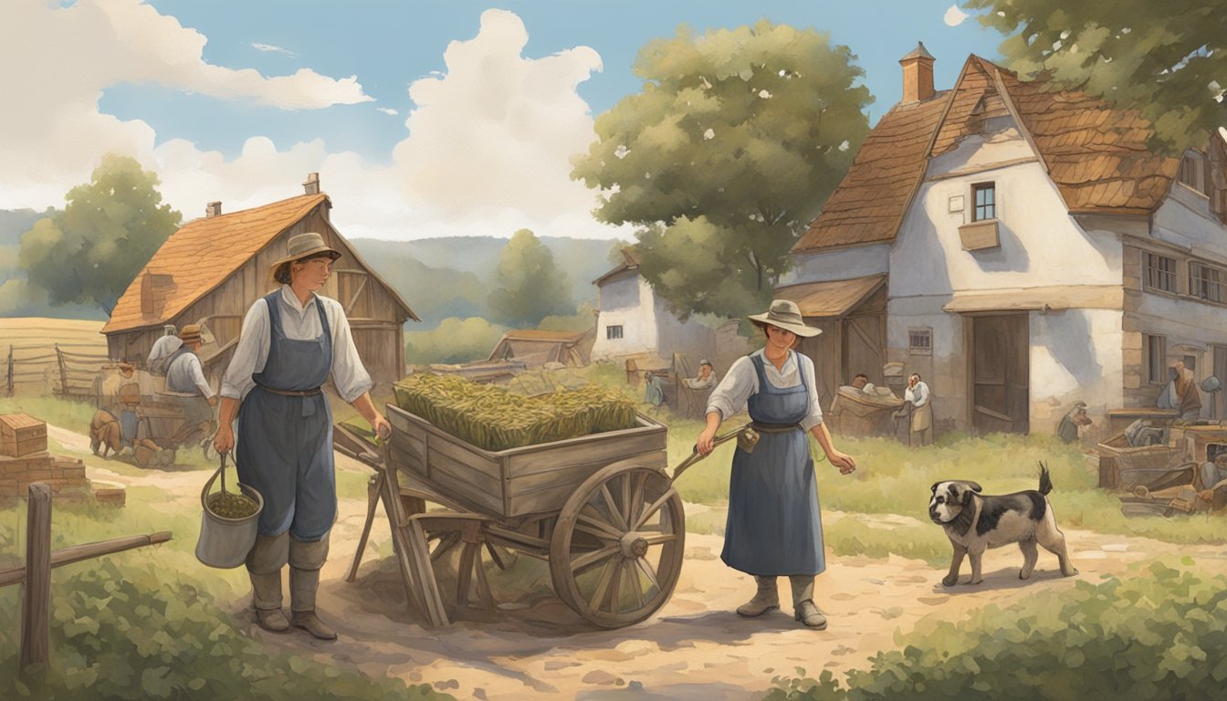 A German Texan family tending to their farm, with a mix of traditional German and Texan architecture in the background. The scene is set during World War I, with subtle signs of the impact of war on the community