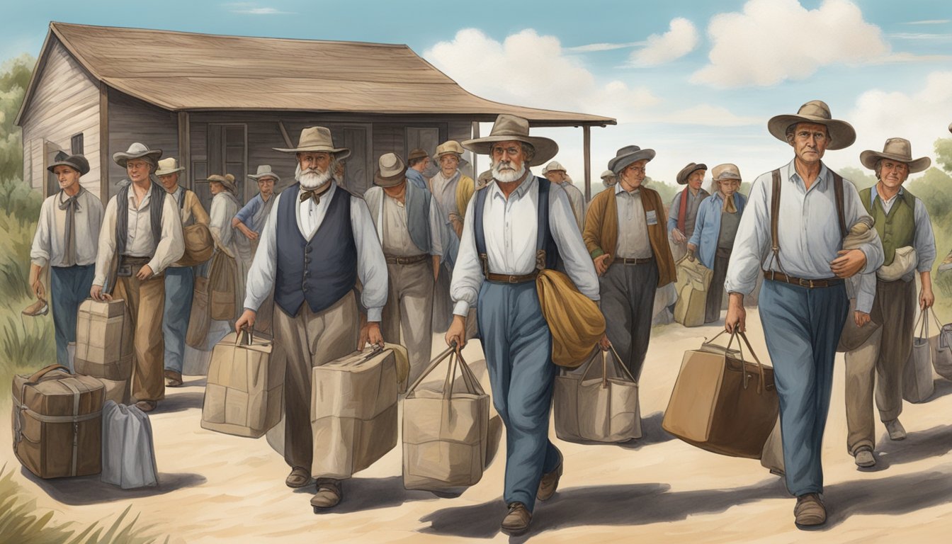 A group of German immigrants arriving in Texas, with their belongings and tools, ready to establish their new community