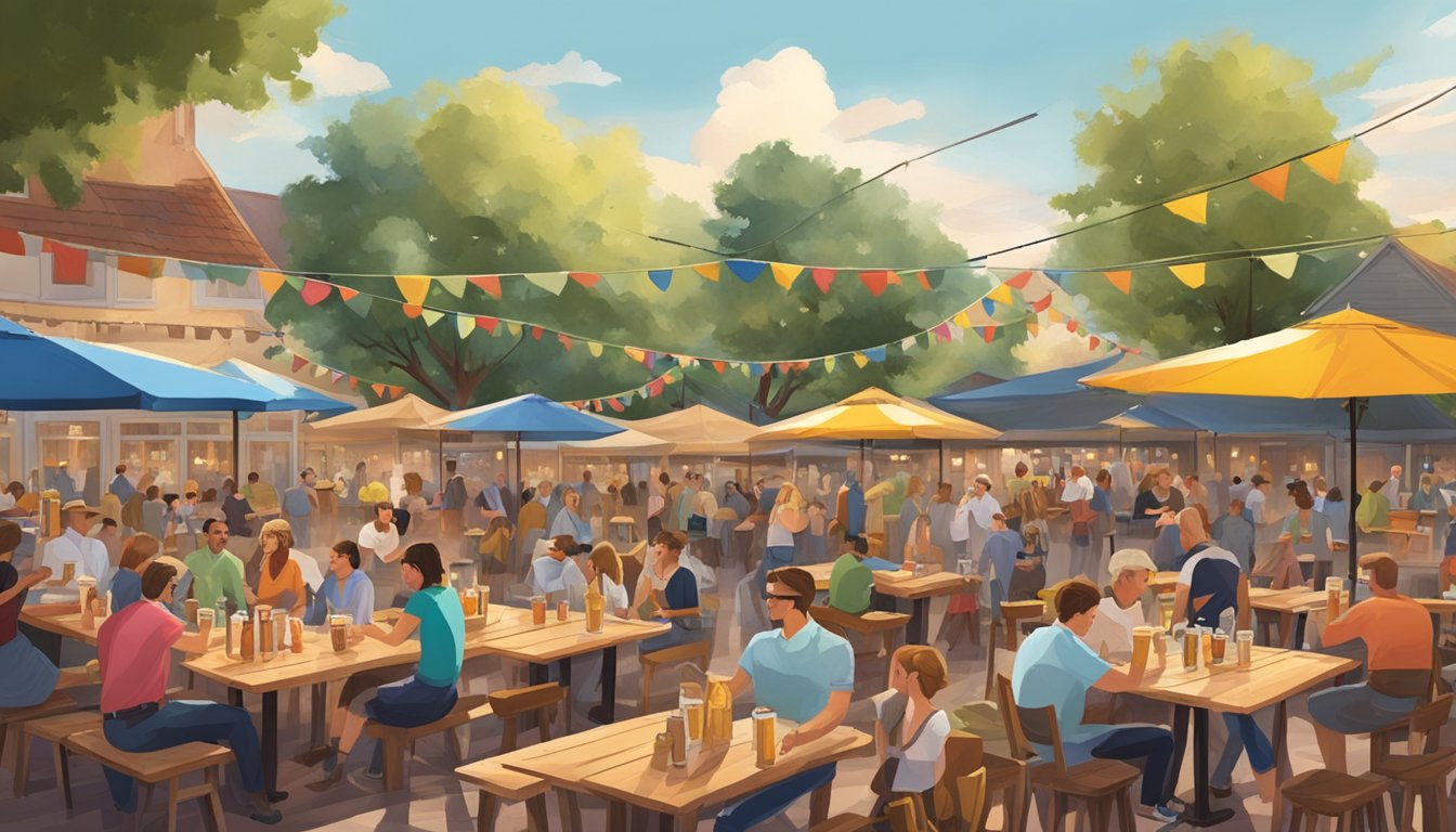 A bustling beer garden in Texas, with long wooden tables, colorful umbrellas, and a lively atmosphere filled with people enjoying cold beers and traditional German fare