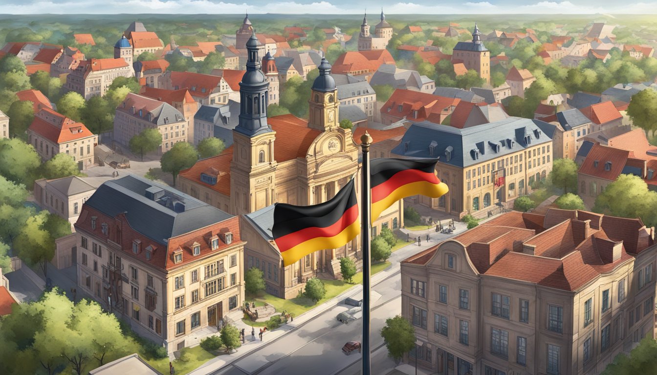 A German flag flying high over a Texas town, surrounded by traditional German architecture and modern buildings, symbolizing the enduring legacy and future of German heritage in Texas despite the impact of World War I and II