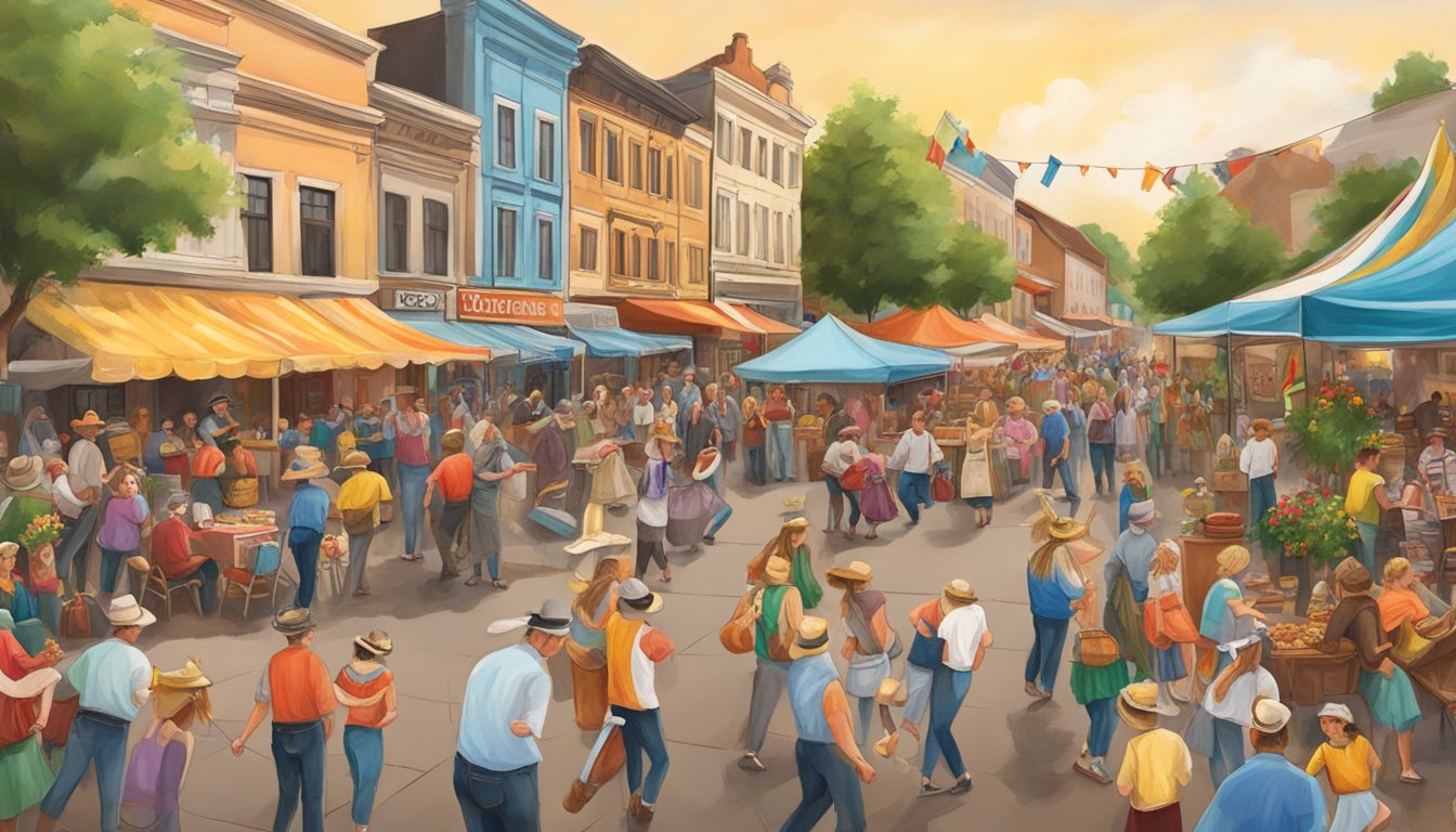 A vibrant street festival with traditional German and Texan decorations, music, and dance, showcasing the legacy of German Texan artists