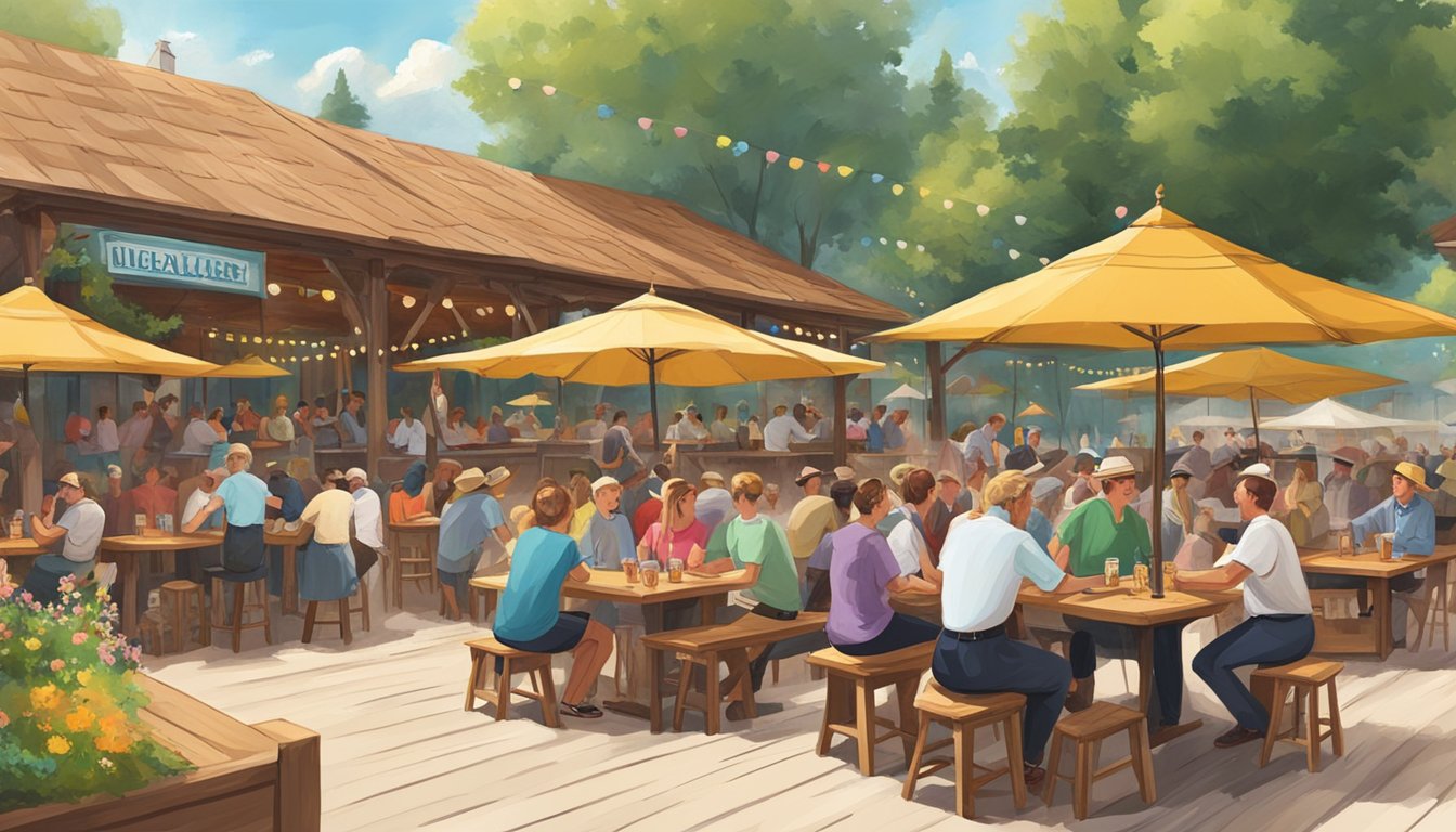 A lively German beer garden in Texas, with wooden tables, colorful umbrellas, and people enjoying traditional music and dance