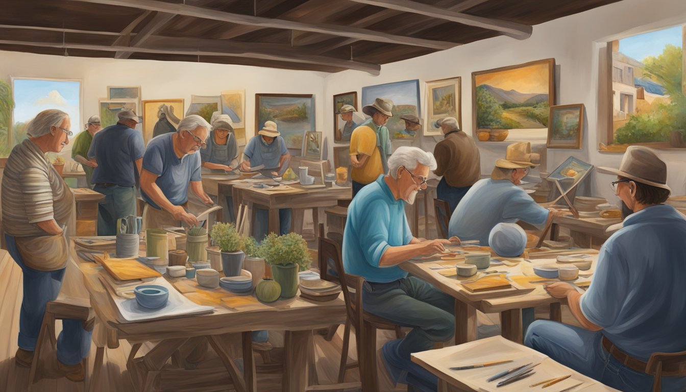 A group of German Texan artists working on paintings, sculptures, and pottery, showcasing their influence on the local art scene