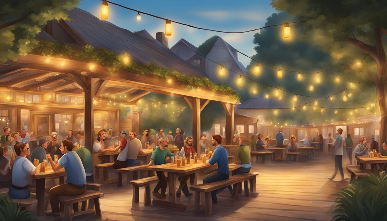 A rustic beer garden in Texas with long wooden tables, traditional German cuisine, and a lively atmosphere filled with the sounds of clinking glasses and laughter