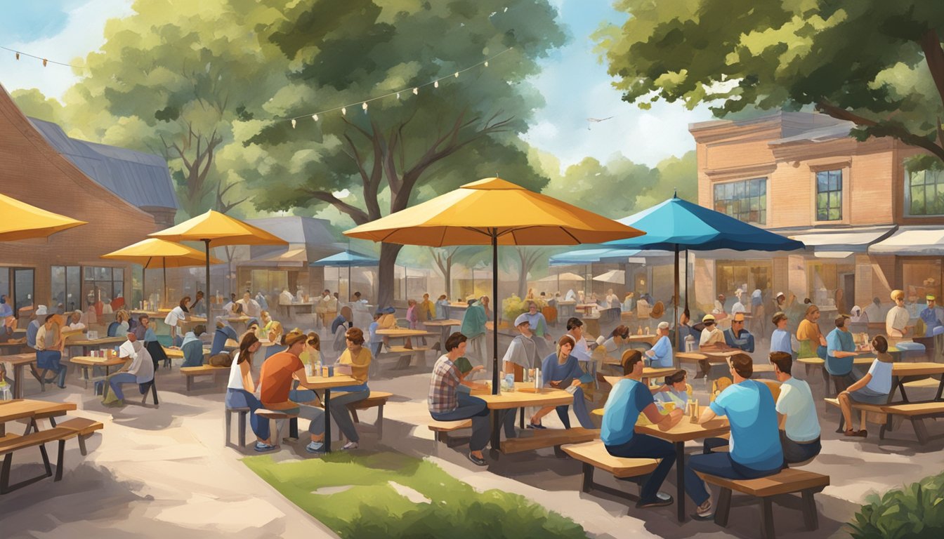 A bustling Texas beer garden with picnic tables, umbrellas, and a lively atmosphere