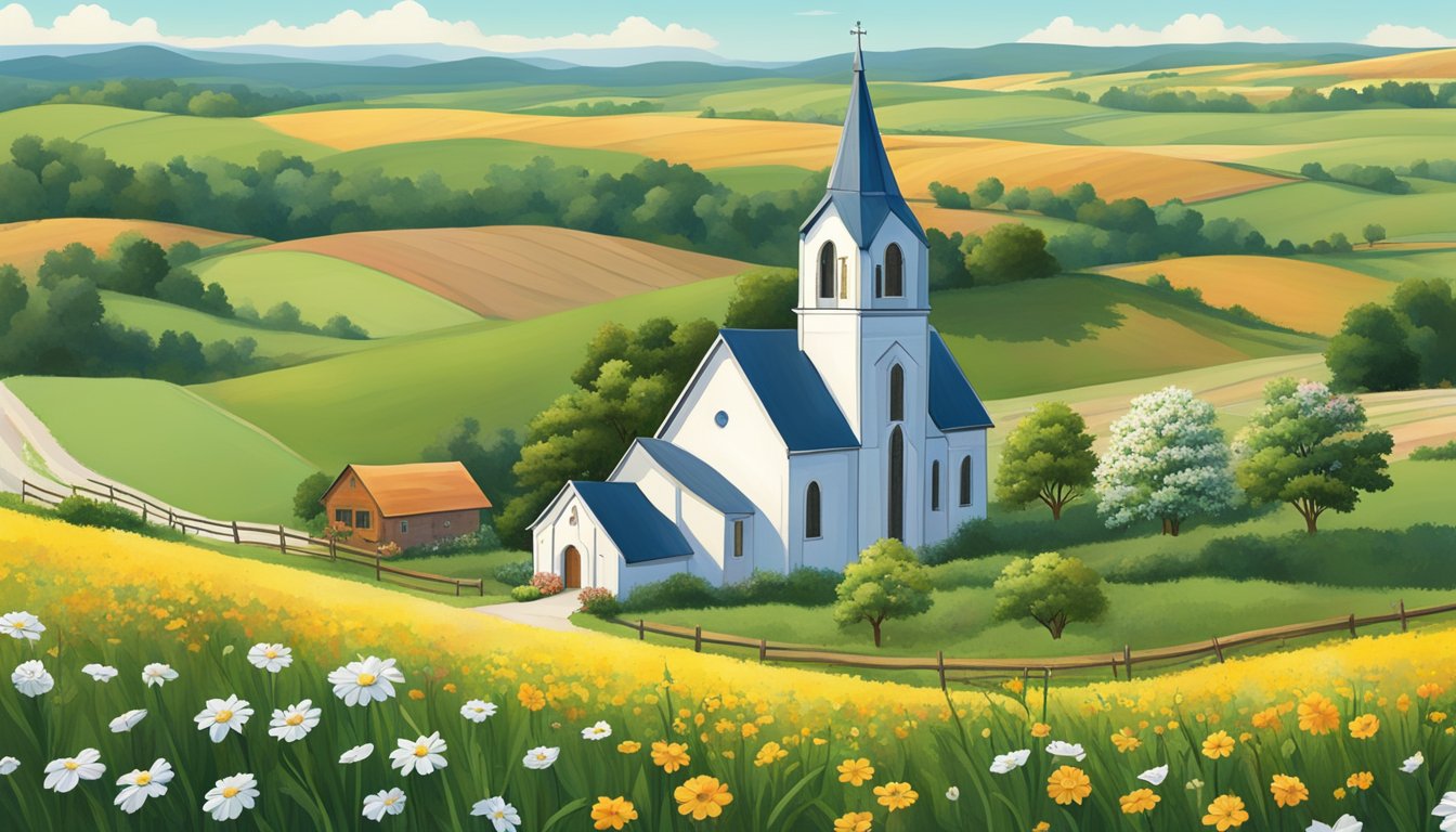 A traditional German church nestled in a rural Texas community, surrounded by rolling hills and fields of wildflowers