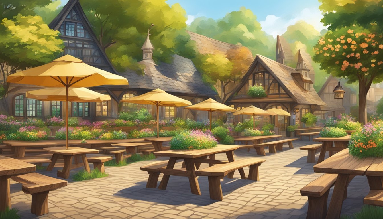 A rustic beer garden with wooden tables and benches, surrounded by lush greenery and colorful flowers, with a traditional German-style beer hall in the background