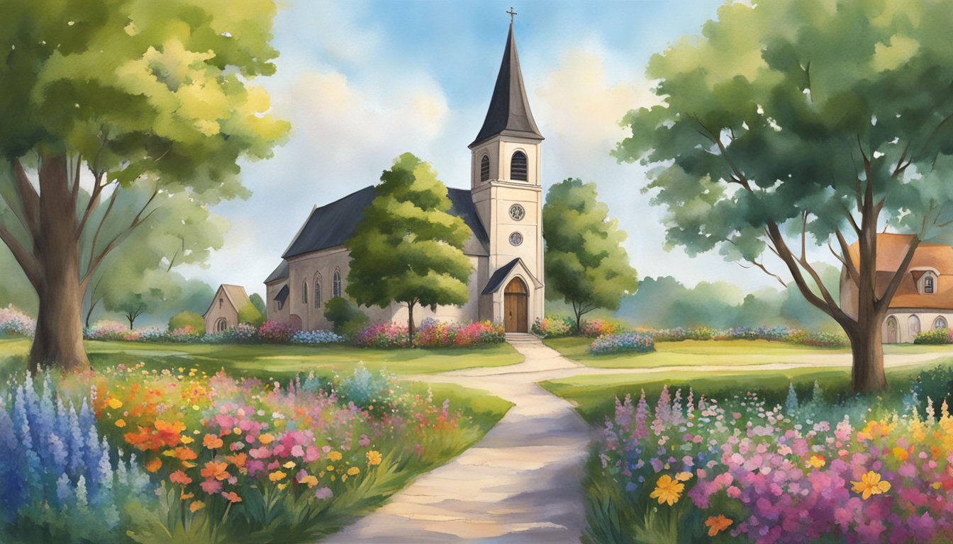 A traditional German church stands at the center of a Texas community, surrounded by lush greenery and colorful wildflowers. People gather outside for a community event, while others enter the church for religious practices