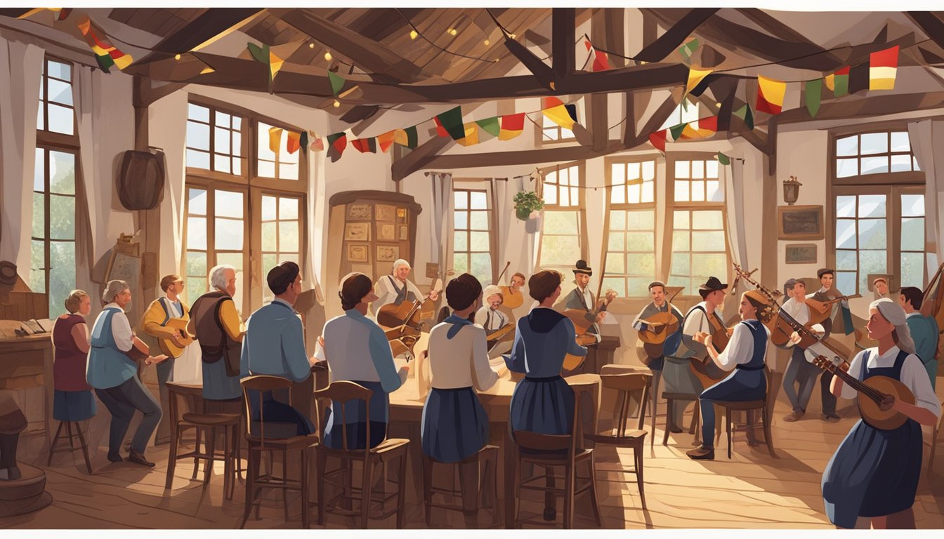 A group of people gather in a rustic hall, singing and playing traditional German music. Flags and banners adorn the walls, creating a festive atmosphere