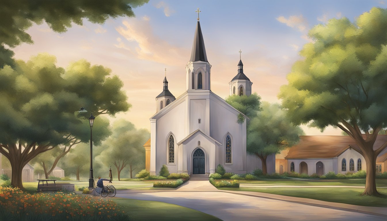 A German church stands as a focal point in a Texas community, surrounded by historical buildings and greenery, symbolizing its enduring societal impact and legacy