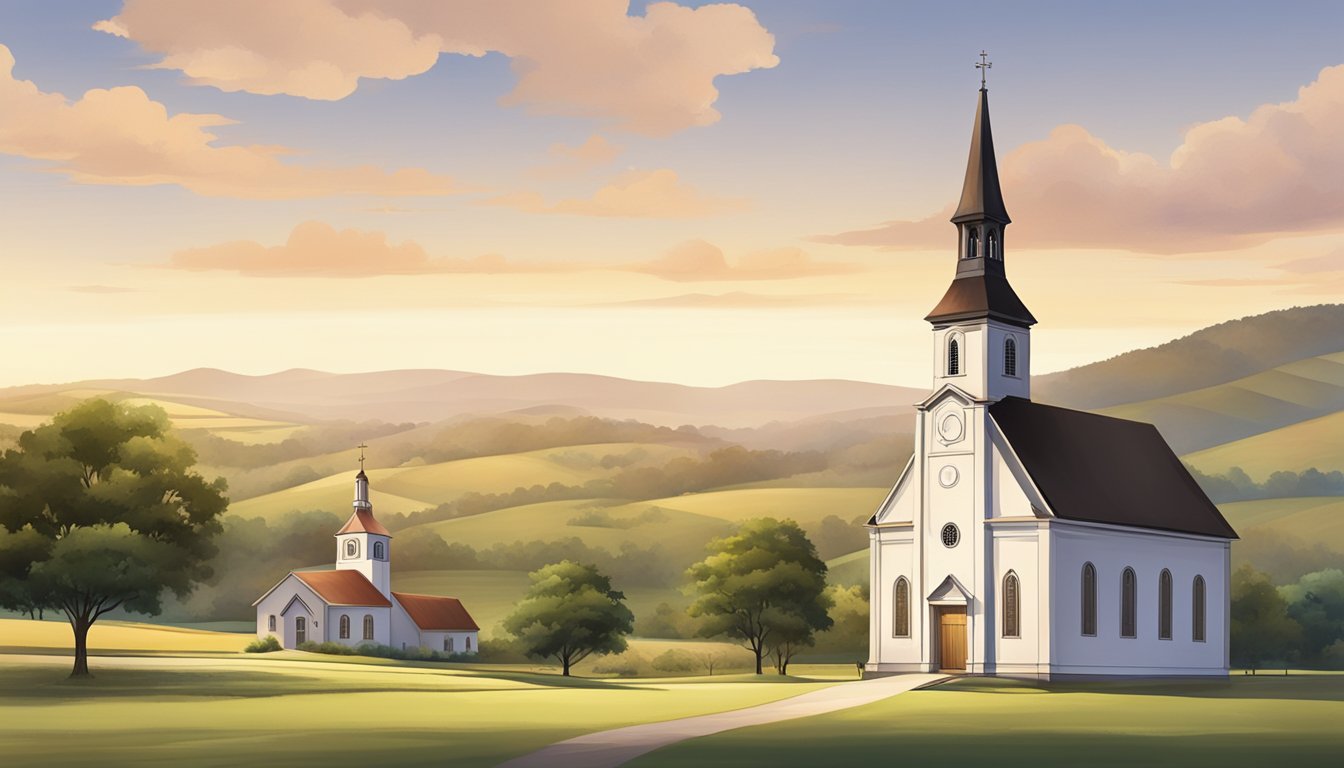 A German church stands as the focal point of a Texas community, surrounded by rolling hills and fields. The church's traditional architecture and steeple symbolize the preservation of language and traditions within the community