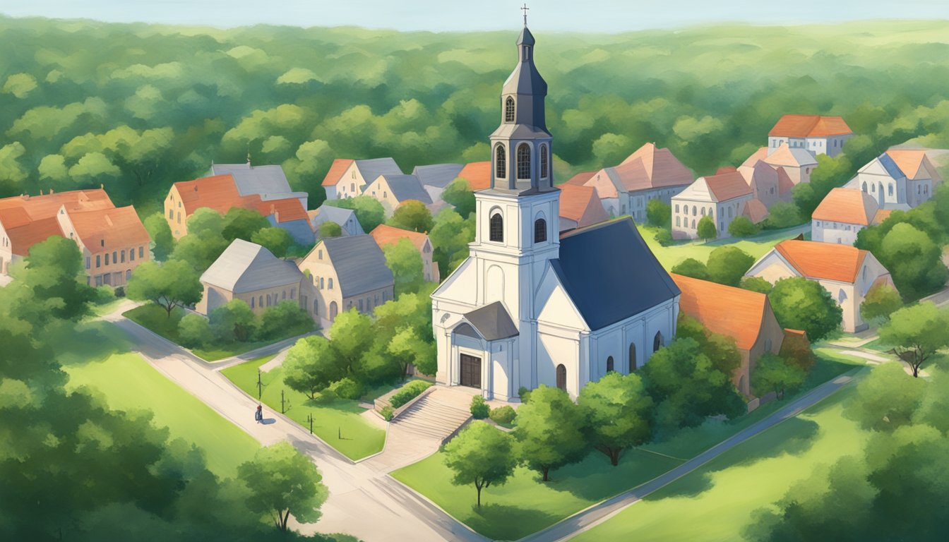 A serene German church nestled in a Texas community, surrounded by lush greenery and historical buildings