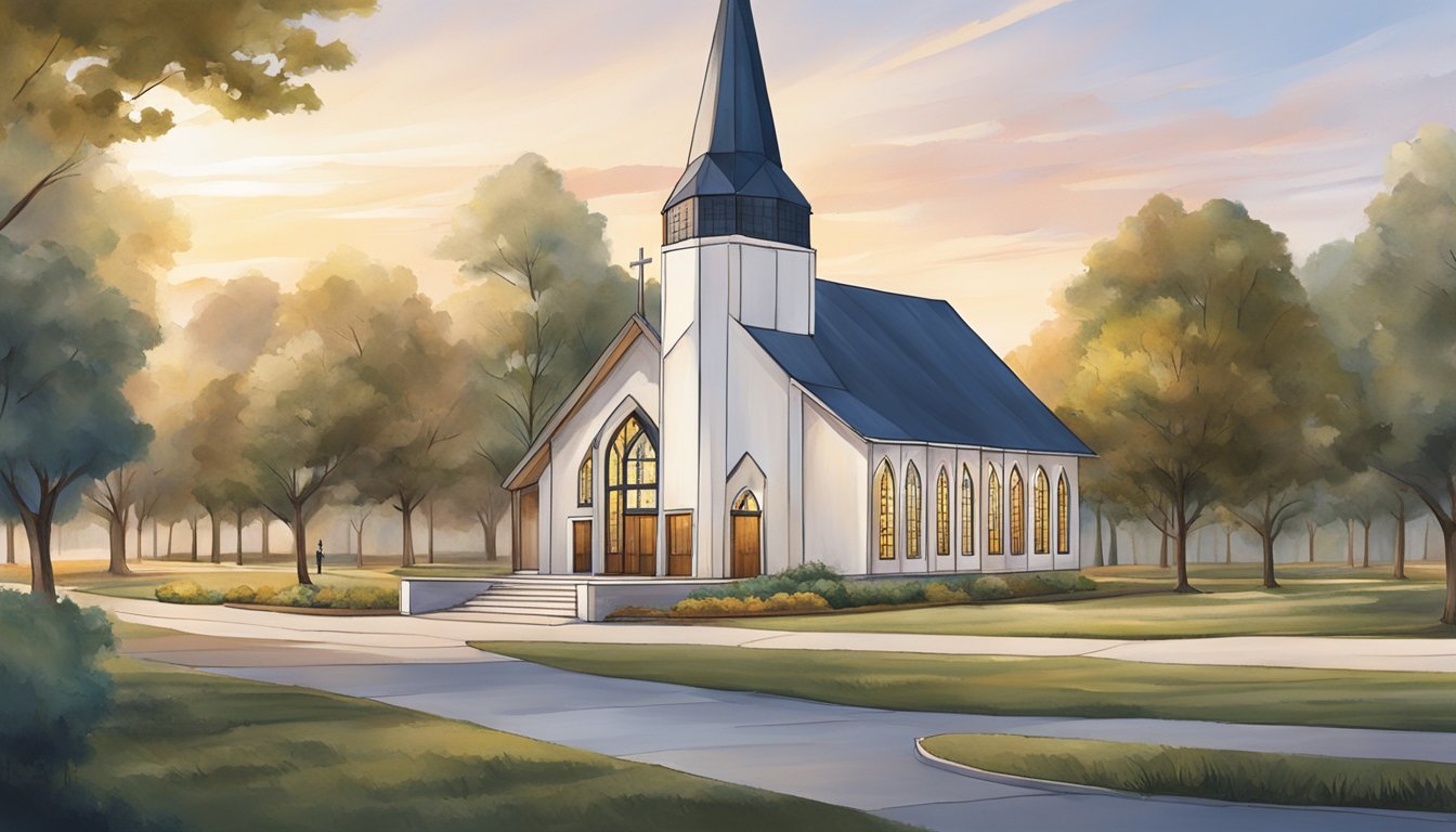 A modern German church stands tall in a Texas community, with traditional elements like a steeple and stained glass windows. People gather for ongoing cultural and religious traditions